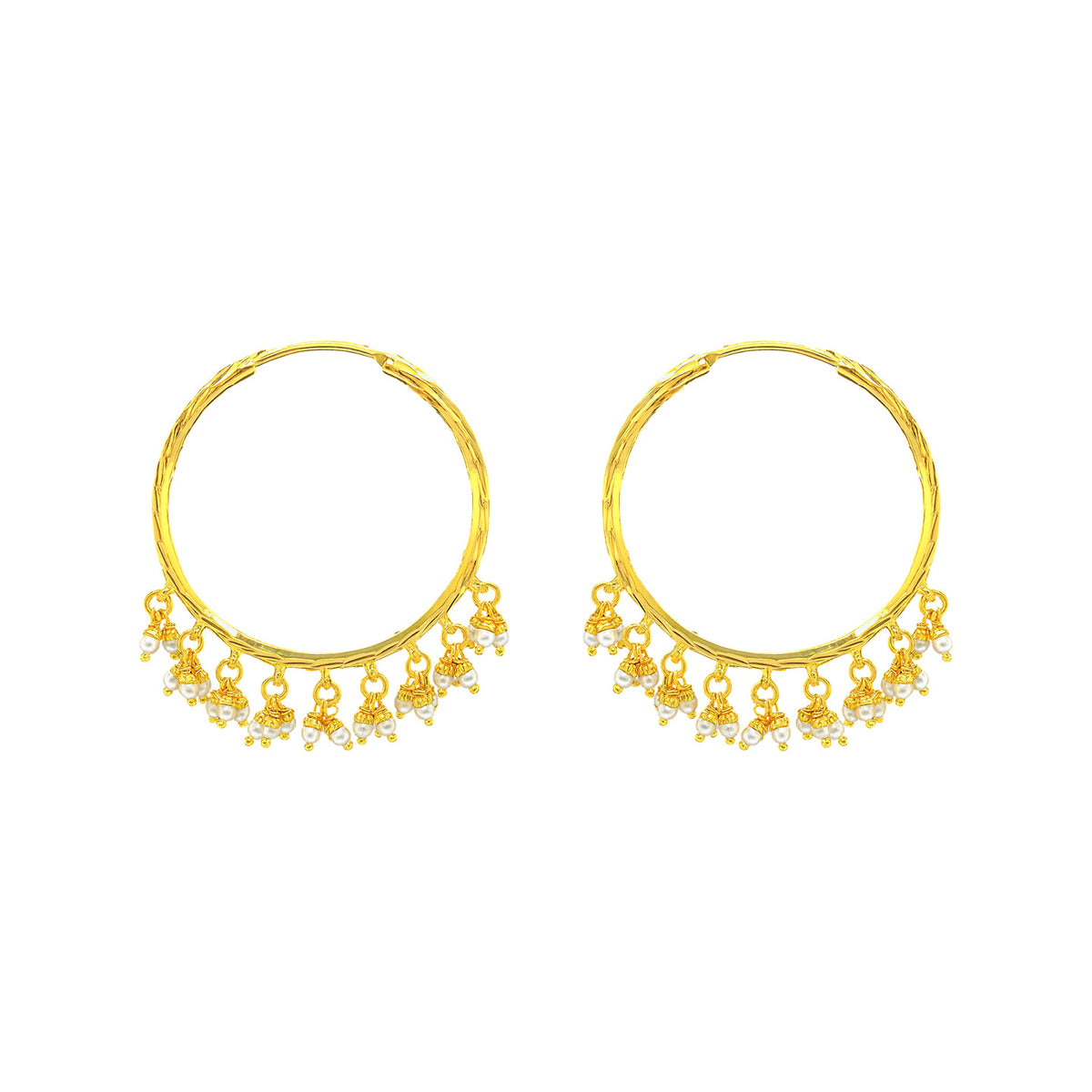 22K Gold Large Dangling Pearl Hoop Earrings