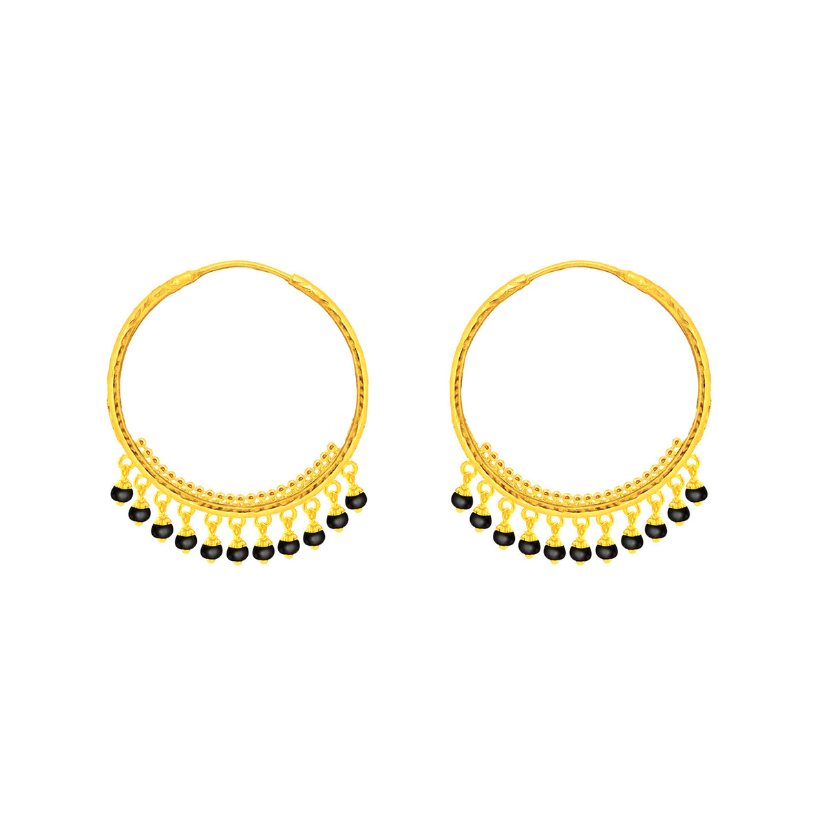 22K Gold Black-Beaded Round Hoop Earrings