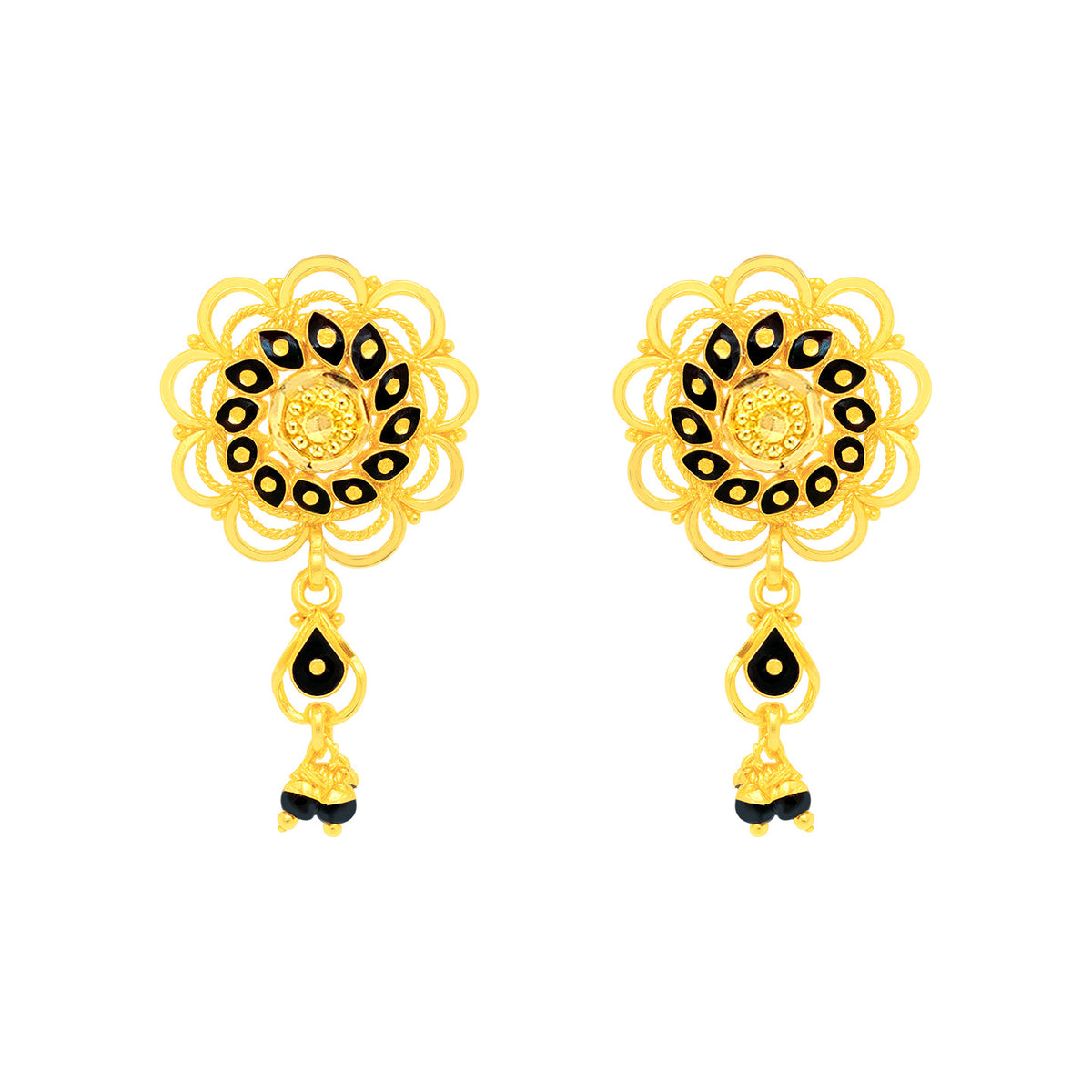 22K Gold Black Enamel and Flower Dangle Earrings