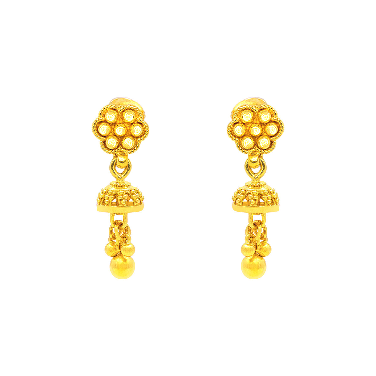 22K Gold Ornate Flower and Charm Baby Jhumka Earrings