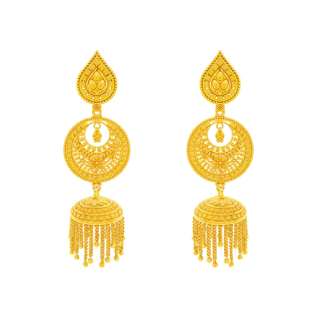 22K Gold Filigree Raindrop Jhumka Chandbali Earrings with Long Dangling Balls