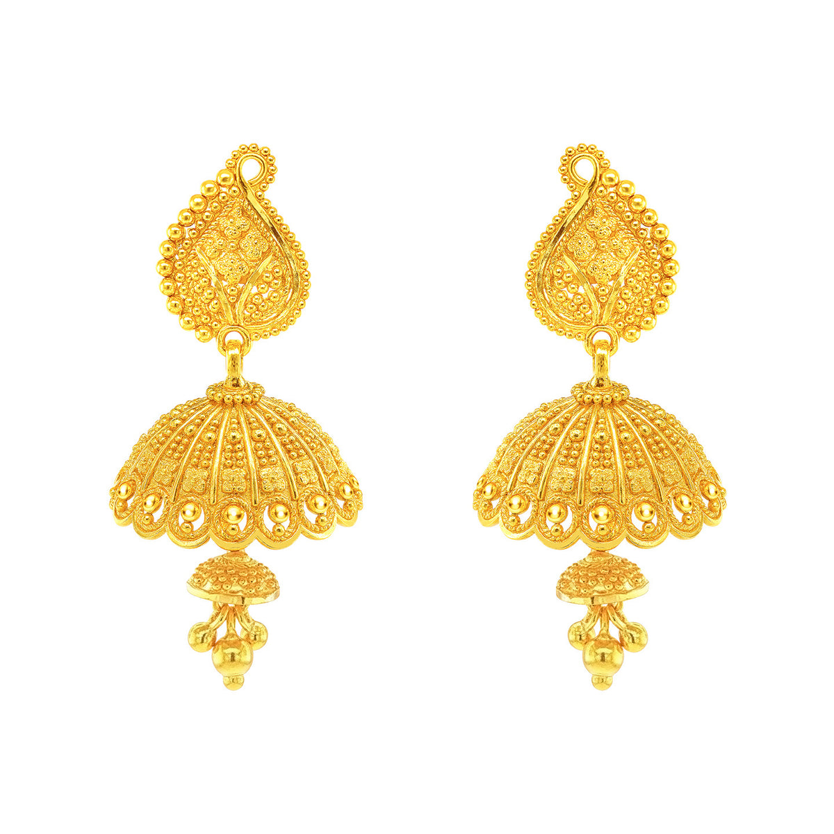 22K Gold Filigree Floral Inlay Teardrop Jhumka Earrings