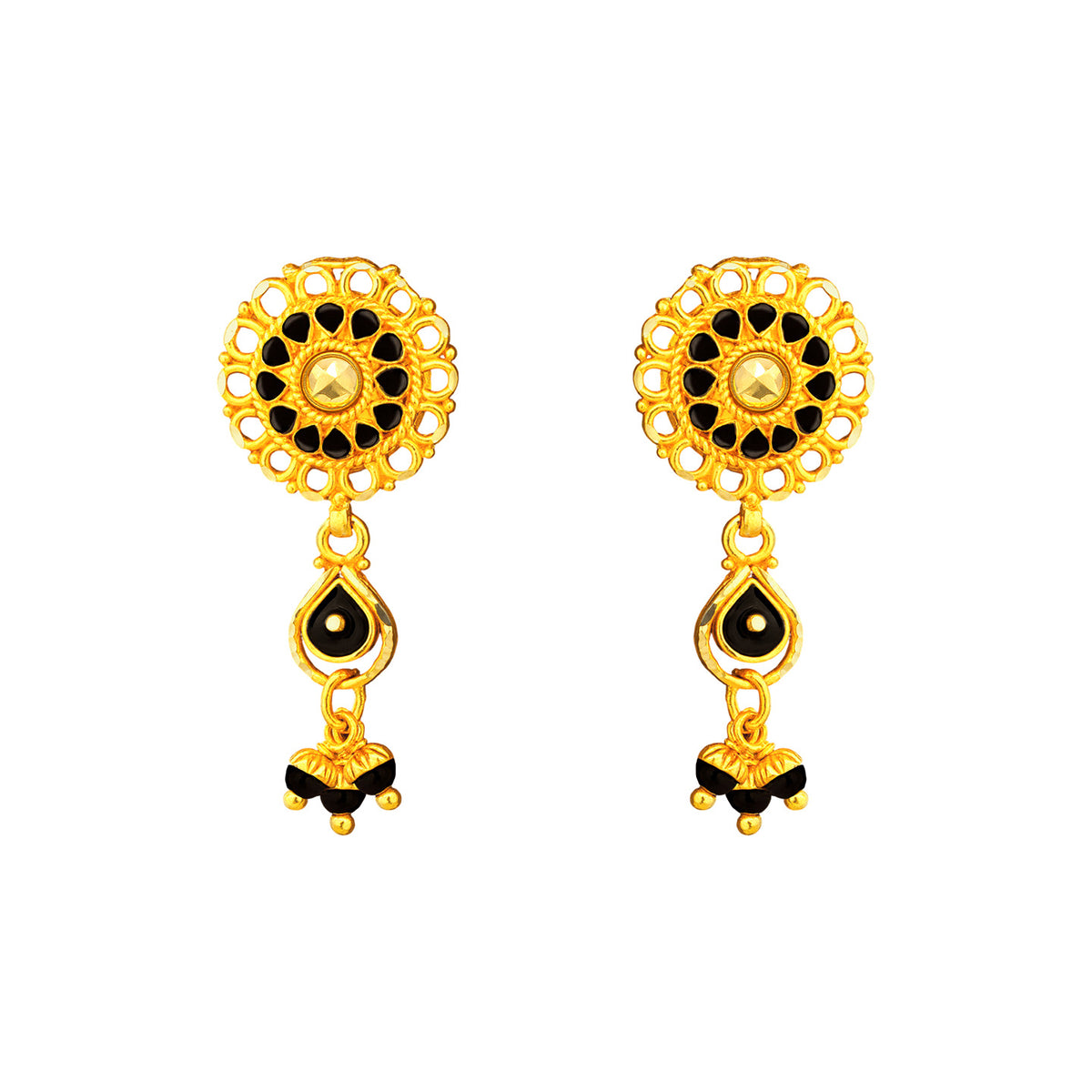 22K Gold Black Beaded Dangling Earrings