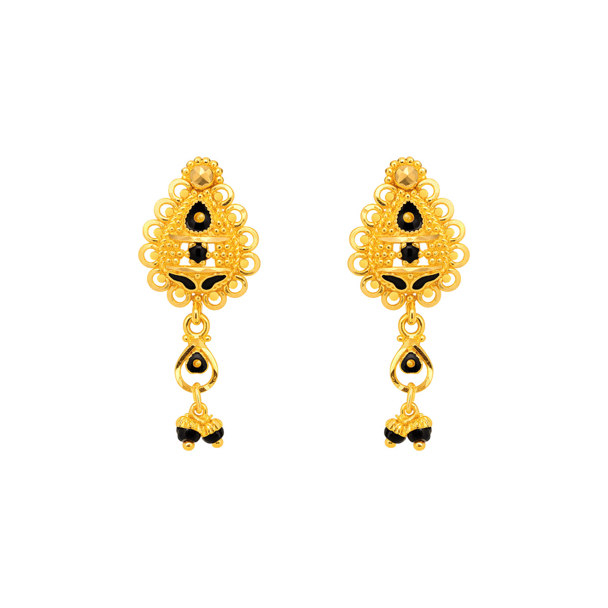 22K Gold Black Bead Dangle Earrings