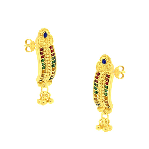 22K Gold Shield Dangling Meena Kari Earrings