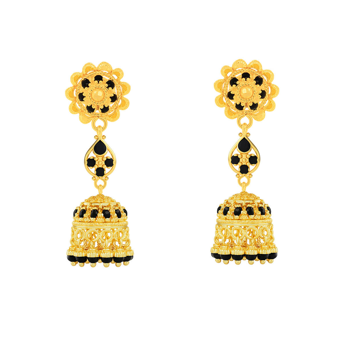 22K Gold Ornate Dangling Black Bead Jhumka Earrings