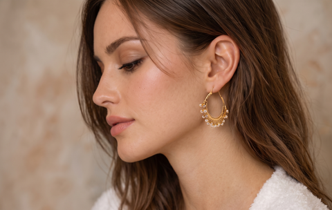 22k Yellow Gold Chandbali Pearl Earrings with gold weight of 8.71g