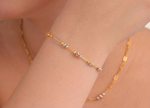 22K Three Tone Gold Ball-Bead Bracelets measuring 1mm thickness x 8 inch length