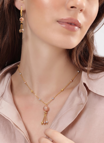 22K Three-Tone Gold Ball-Bead Dangler Shimmering Necklace and Earring Set