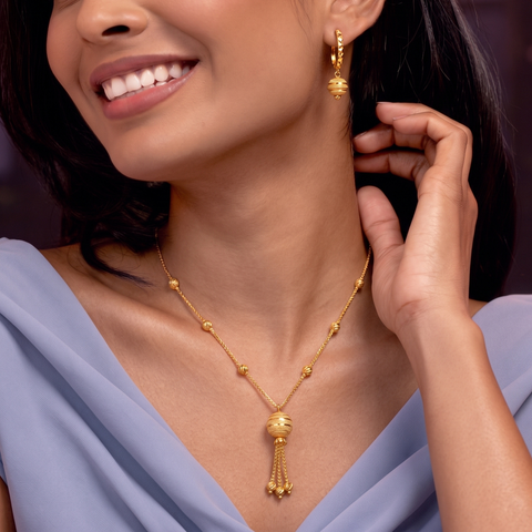 22K Yellow Gold Ball-Bead Dangler Abstract Necklace and Earring Set