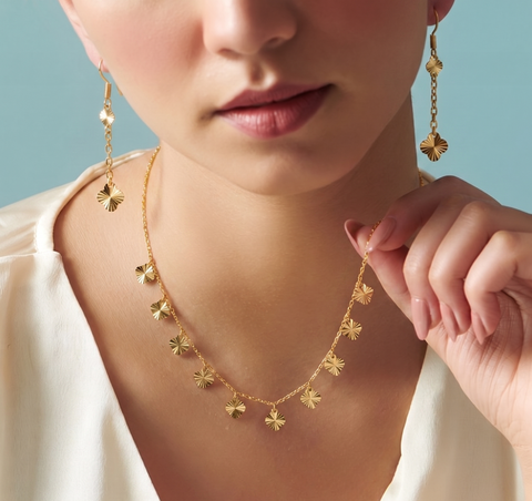 22K Yellow Gold Charm Dangler Intricate Necklace and Earring Set
