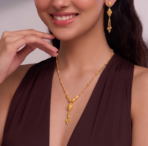 22K Yellow Gold Ball-Bead Dangler Artistic Necklace and Earring Set