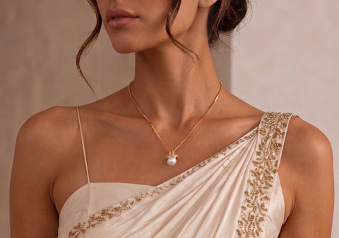 22K Yellow Cubic Zirconia Pearl-Bead Petite Necklace