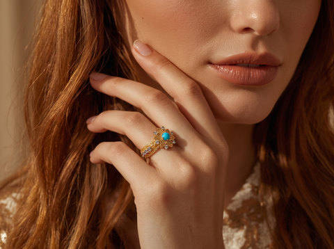 22k Yellow Cubic Zirconia Firoza Gemstone Cocktail Ring in size 8
