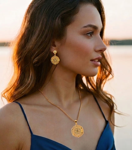 22K Yellow Gold Sparkling Pendant and Earrings Set