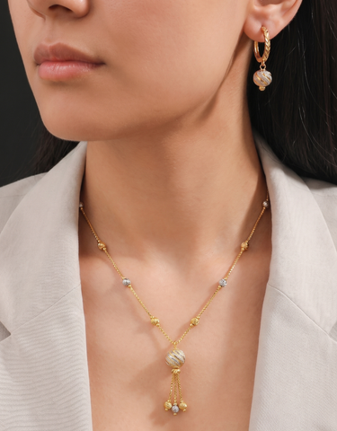 22K Two-Tone Gold Ball-Bead Dangler Contemporary Necklace and Earring Set