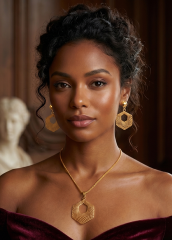 22K Yellow Gold Geometric Pendant and Earrings Set