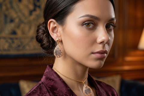 22K Three-Tone Gold Exquisite Filligree Pendant and Earrings Set