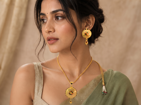 22K Yellow Gold Captivating Minakari Pendant and Earrings Set with gold weight 10.74 gm