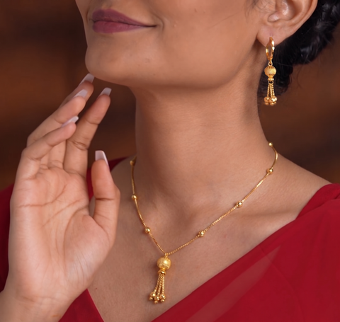 22K Yellow Gold Ball-Bead Dangler Captivating Necklace and Earring Set