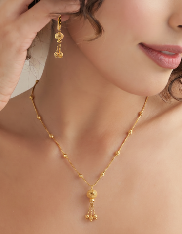 22K Yellow Gold Ball-Bead Dangler Exquisite Necklace and Earring Set