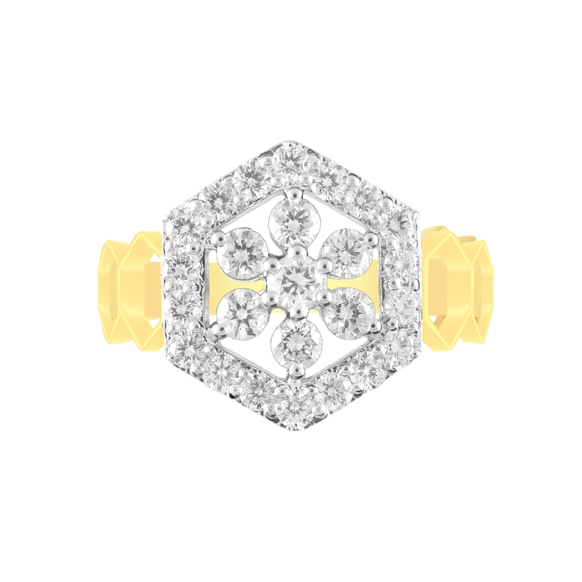 18k Yellow Gold and Diamond Hexagon Band Fancy Ring in size 5.5 and total gold weight of 3.28g