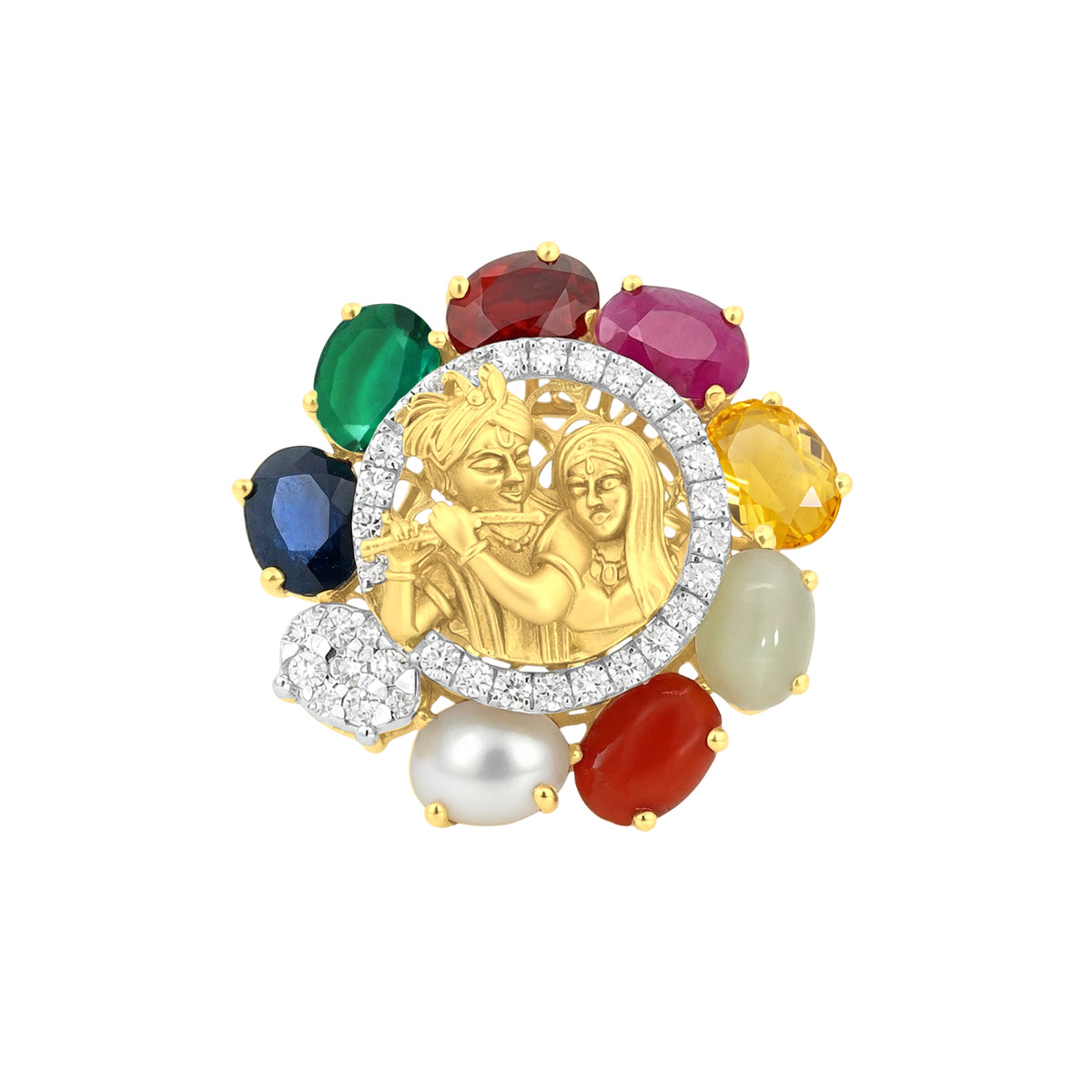 18k Yellow Gold and Diamond Radha-Krishna Navratna Ring in size 5.5 and total gold weight of 12.66g