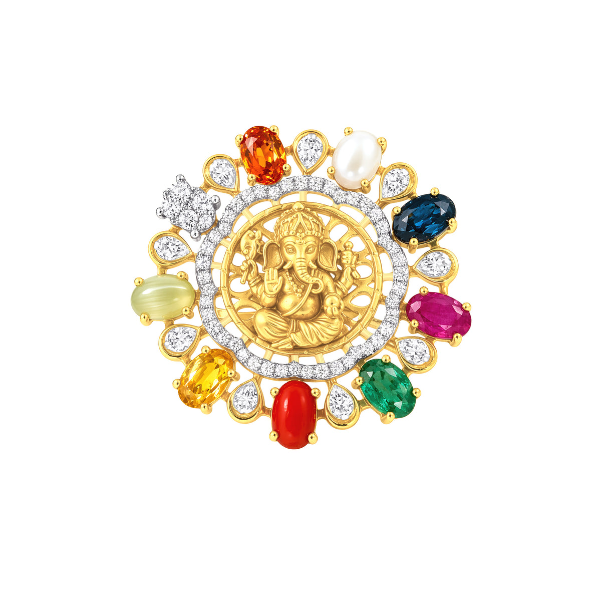 18k Yellow Gold and Diamond Ganesh Navratna Ring in size 5.5 and total gold weight of 9.65g