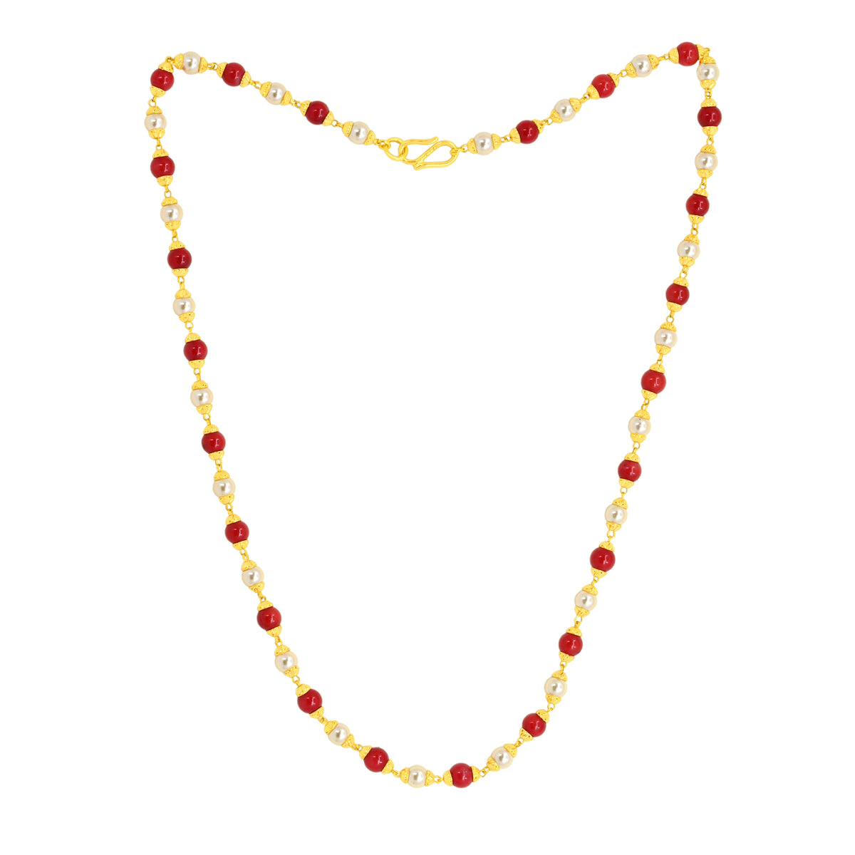 22k Gold Pearl and Faux Coral Stone Necklace