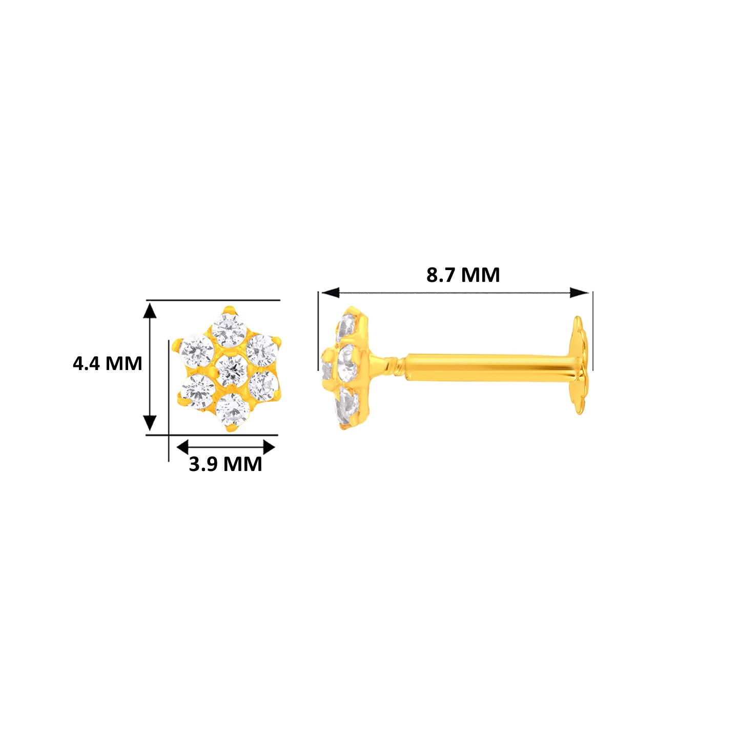 22K Yellow Gold Cubic Zirconia Extra Small Floral Nose Pin with Screwback with gold weight of 0.21g