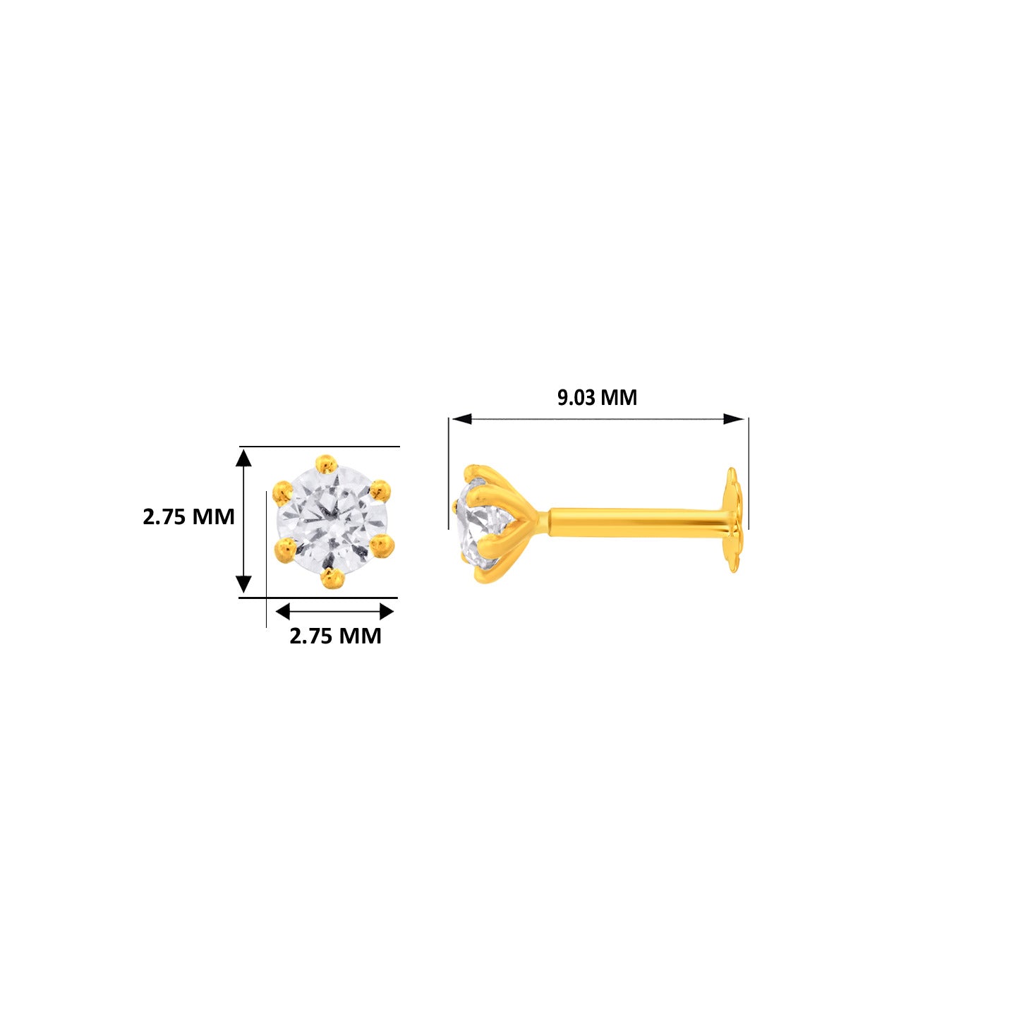 22K Yellow Gold Cubic Zirconia Extra Small Sparkling Nose Pin with Wire with gold weight of 0.17g