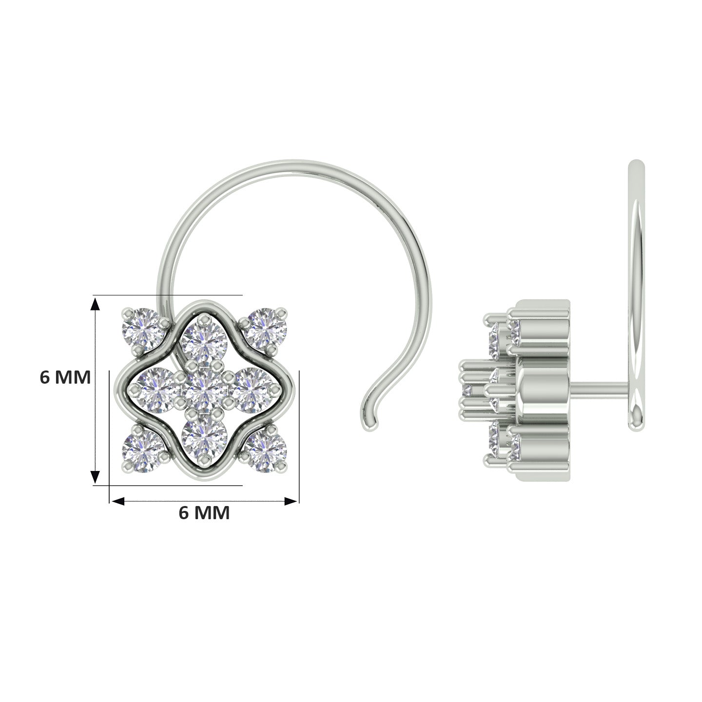 18k White Gold Round Brilliant Cut Geometric Diamond Nose Pin with Wire of 0.05 Carat