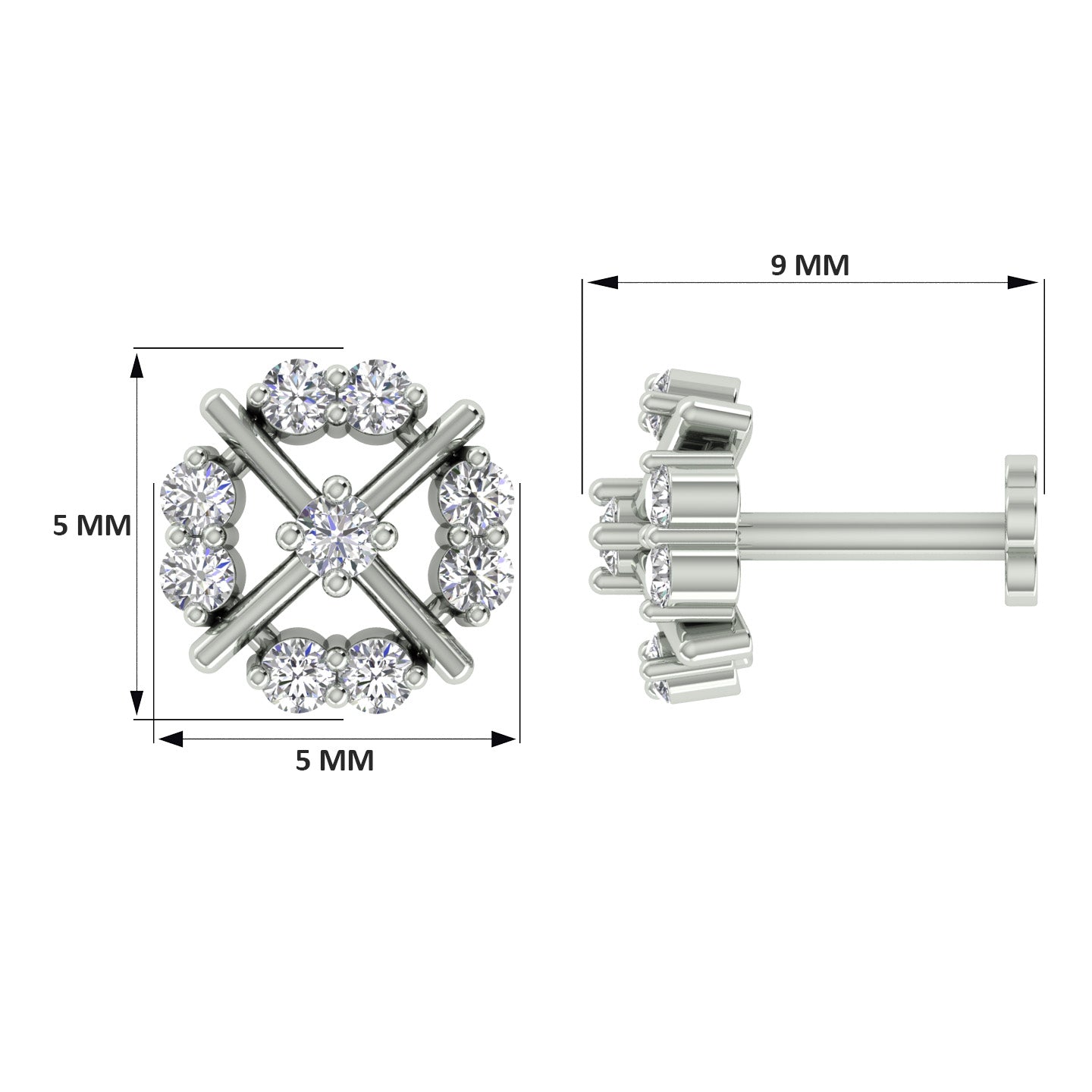 18k White Gold Round Brilliant Cut Intricate Diamond Nose Pin with Screwback of 0.05 Carat