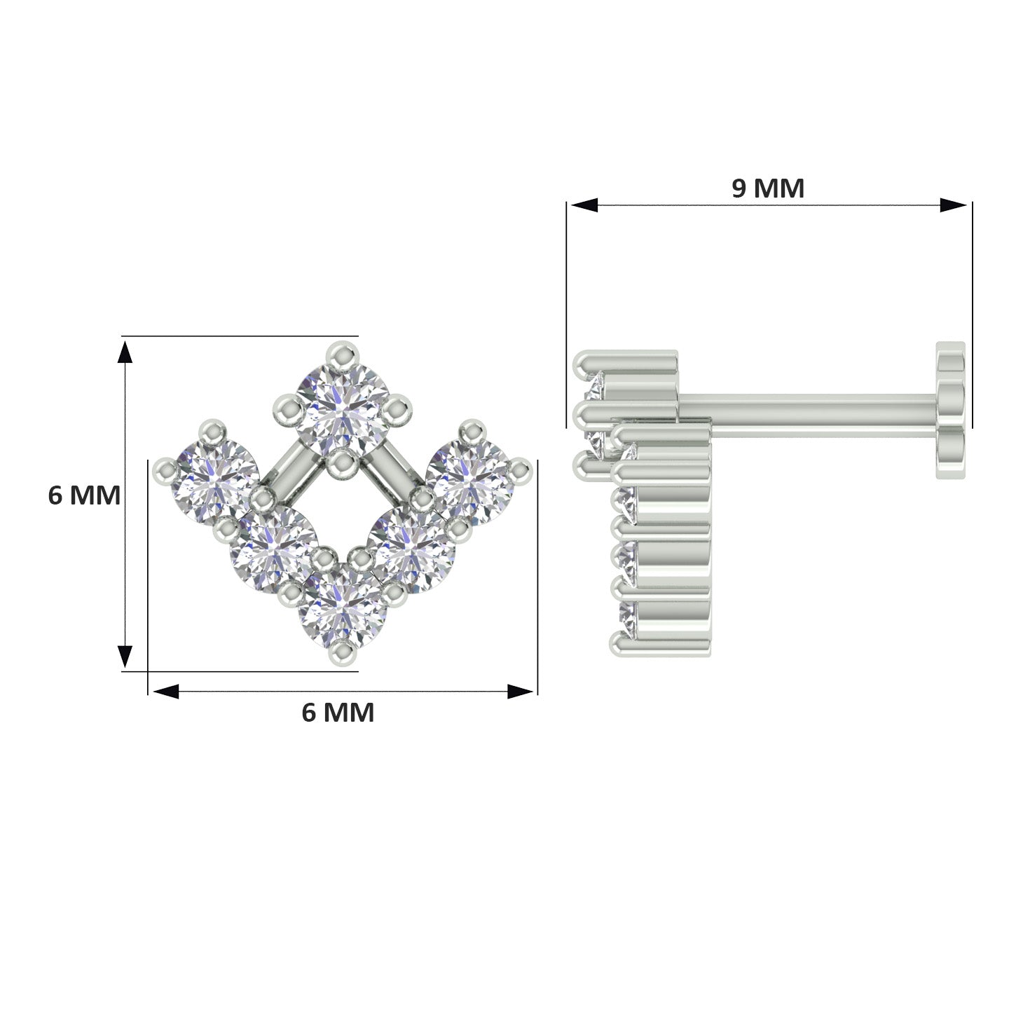 18k White Gold Round Brilliant Cut Abstract Diamond Nose Pin with Screwback of 0.07 Carat