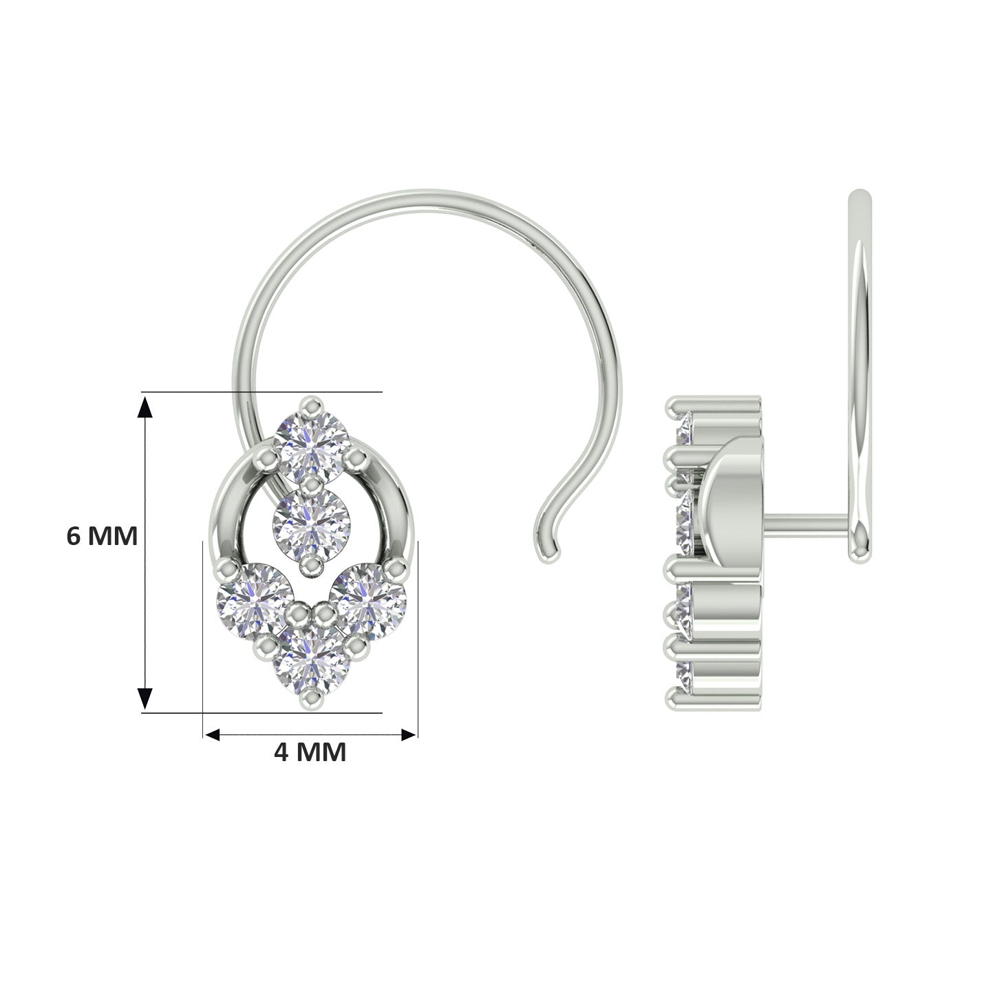 18k White Gold Round Brilliant Cut Intricate Diamond Nose Pin with Wire of 0.05 Carat