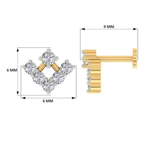 18k Yellow Gold Round Brilliant Cut Geometric Diamond Nose Pin with Screwback of 0.07 Carat