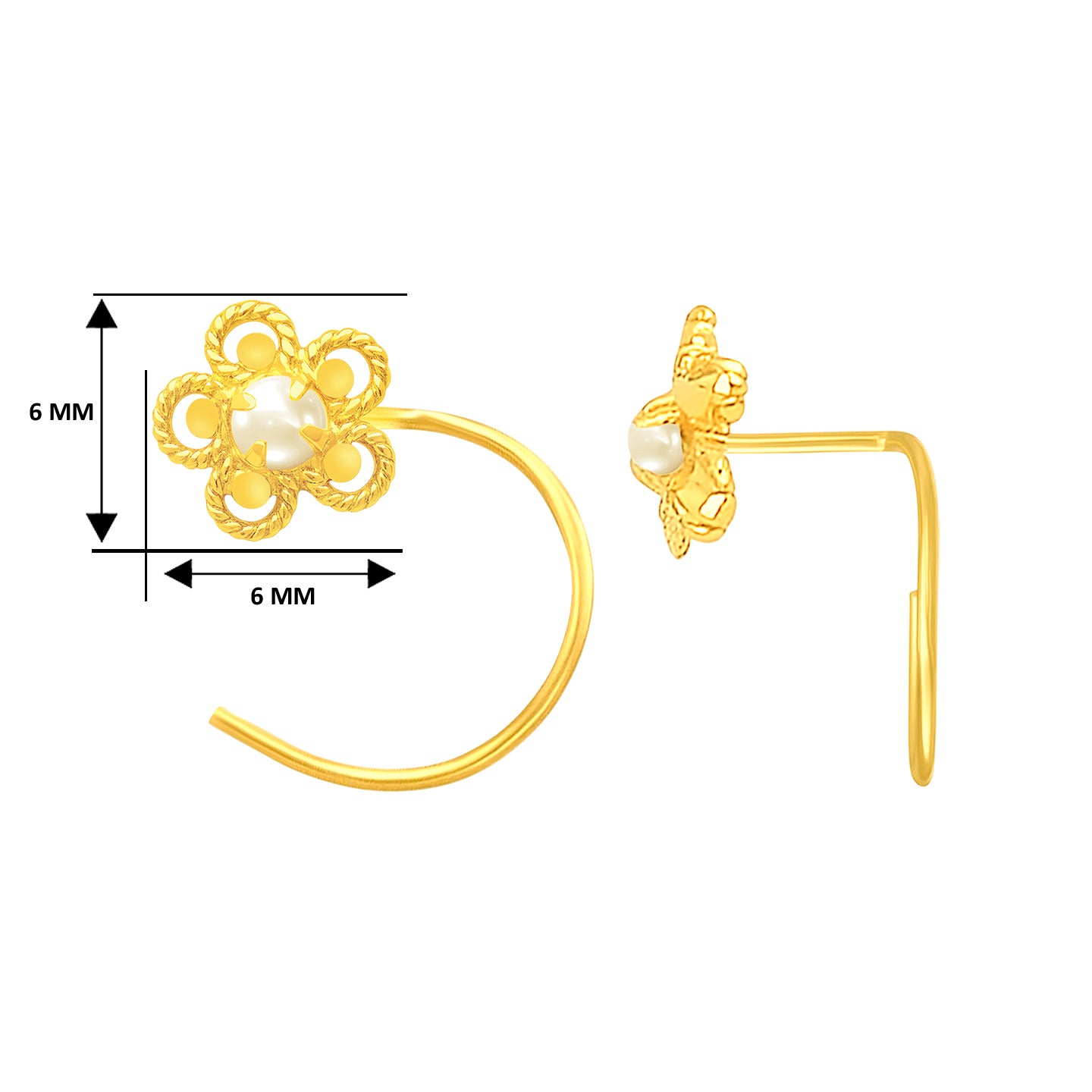 22K Yellow Gold Pearl Large Floral Nose Pin with Wire with gold weight of 0.3g