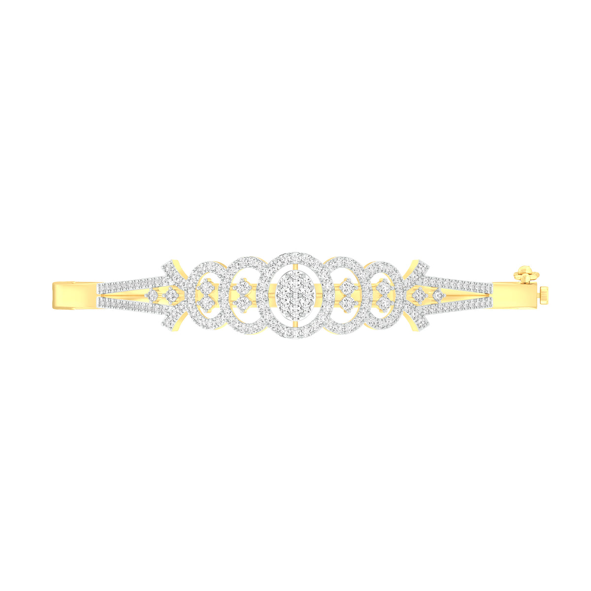 18k Yellow Gold and Diamond Hinged Bracelet measuring 11mm thickness x 56mm width