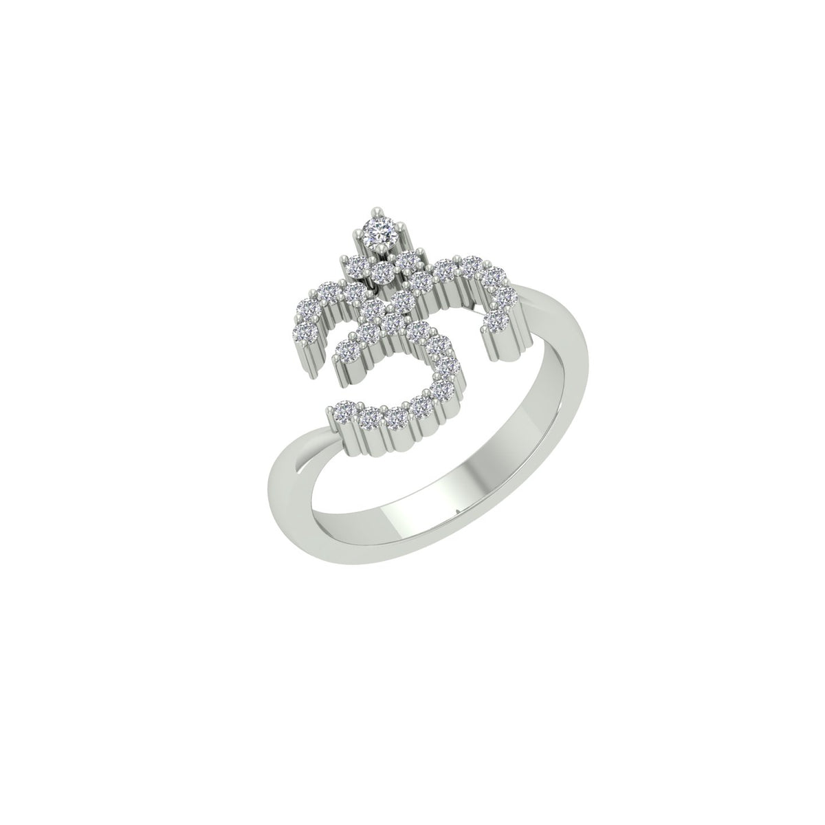 18k White Gold and Round Brilliant Cut Diamond Om Ring in size 5.25 and total gold weight of 3.52g