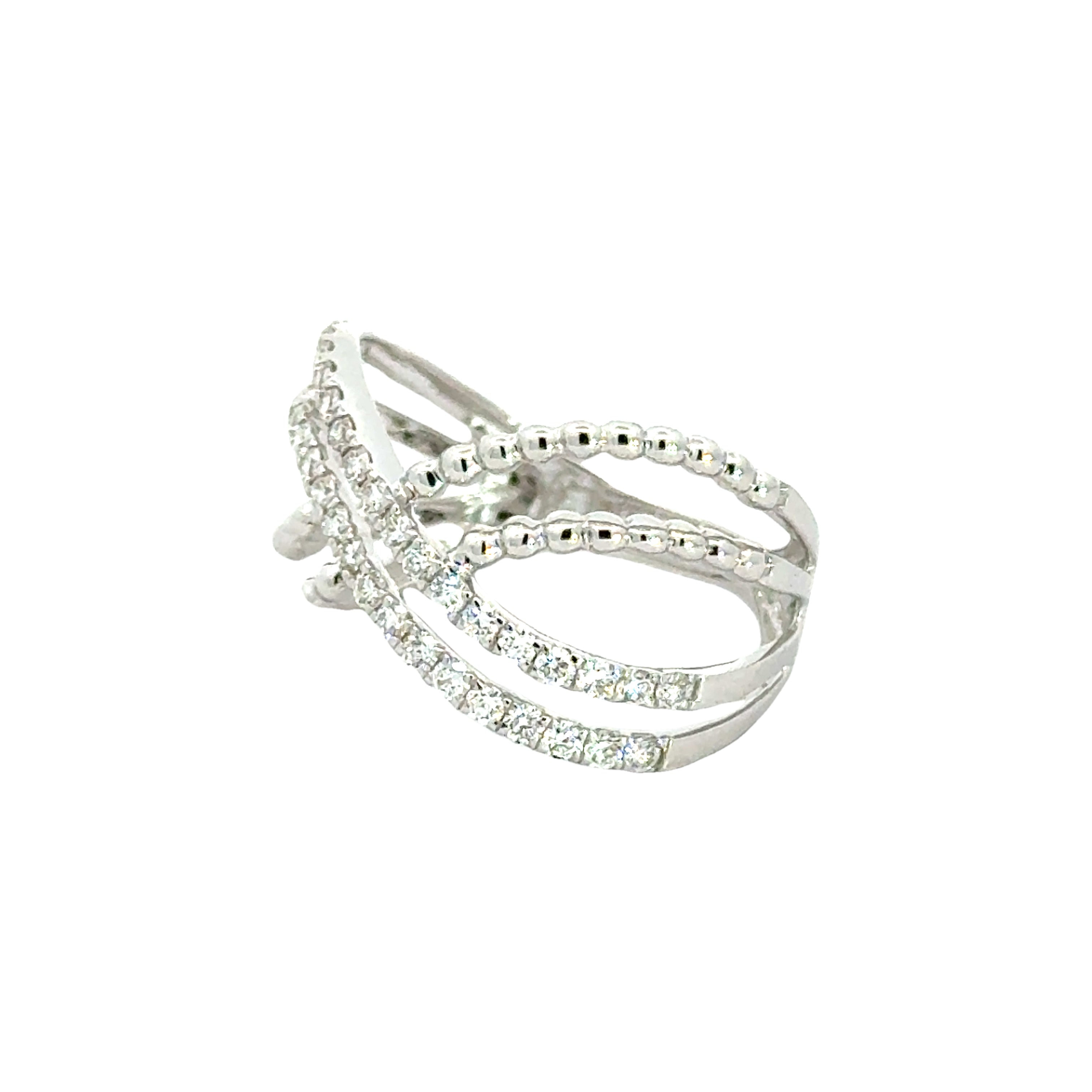 18k White Gold and Diamond Criss-cross Fancy Ring in size 5.5 and total gold weight of 3.25g