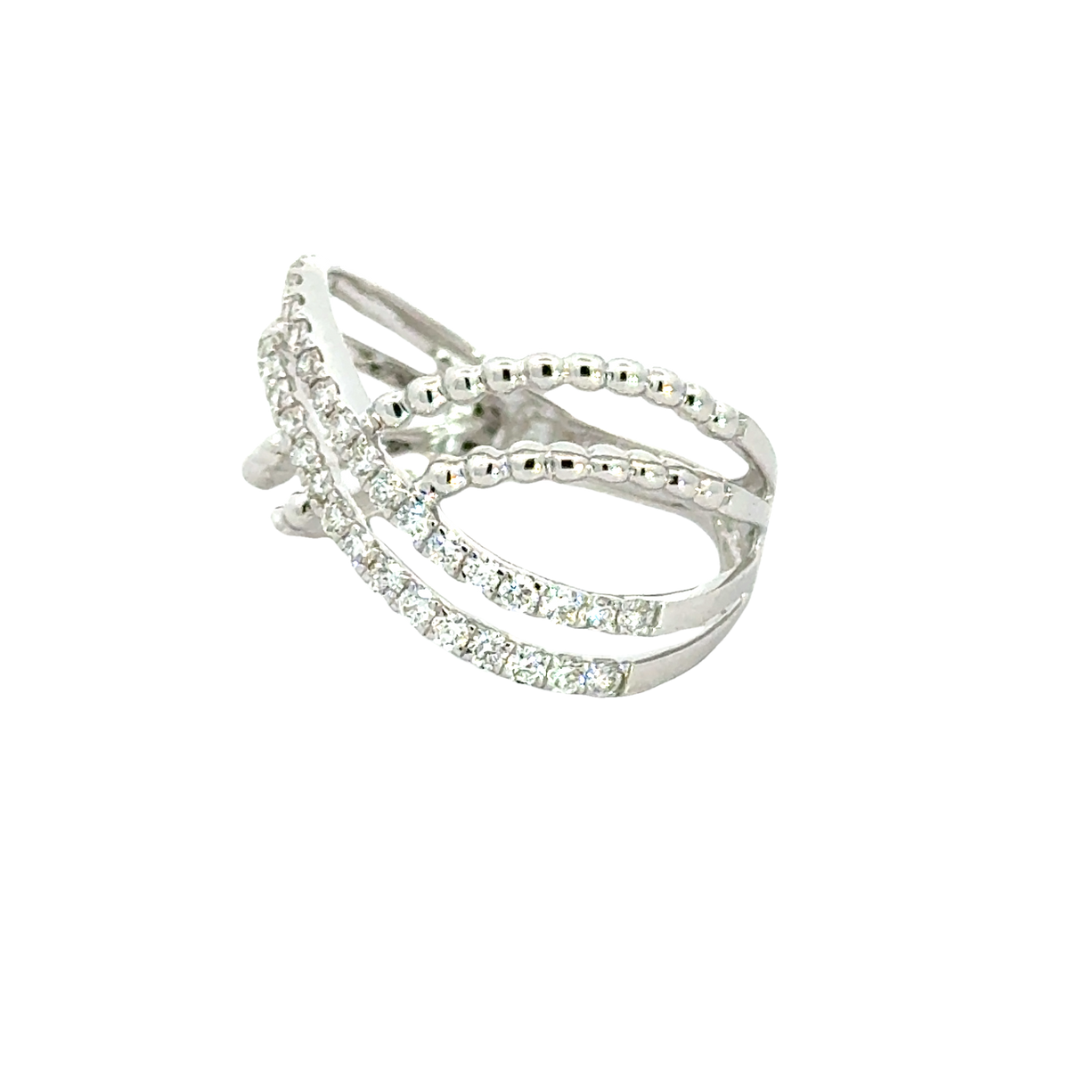 18k White Gold and Diamond Criss-cross Fancy Ring in size 5.5 and total gold weight of 3.25g