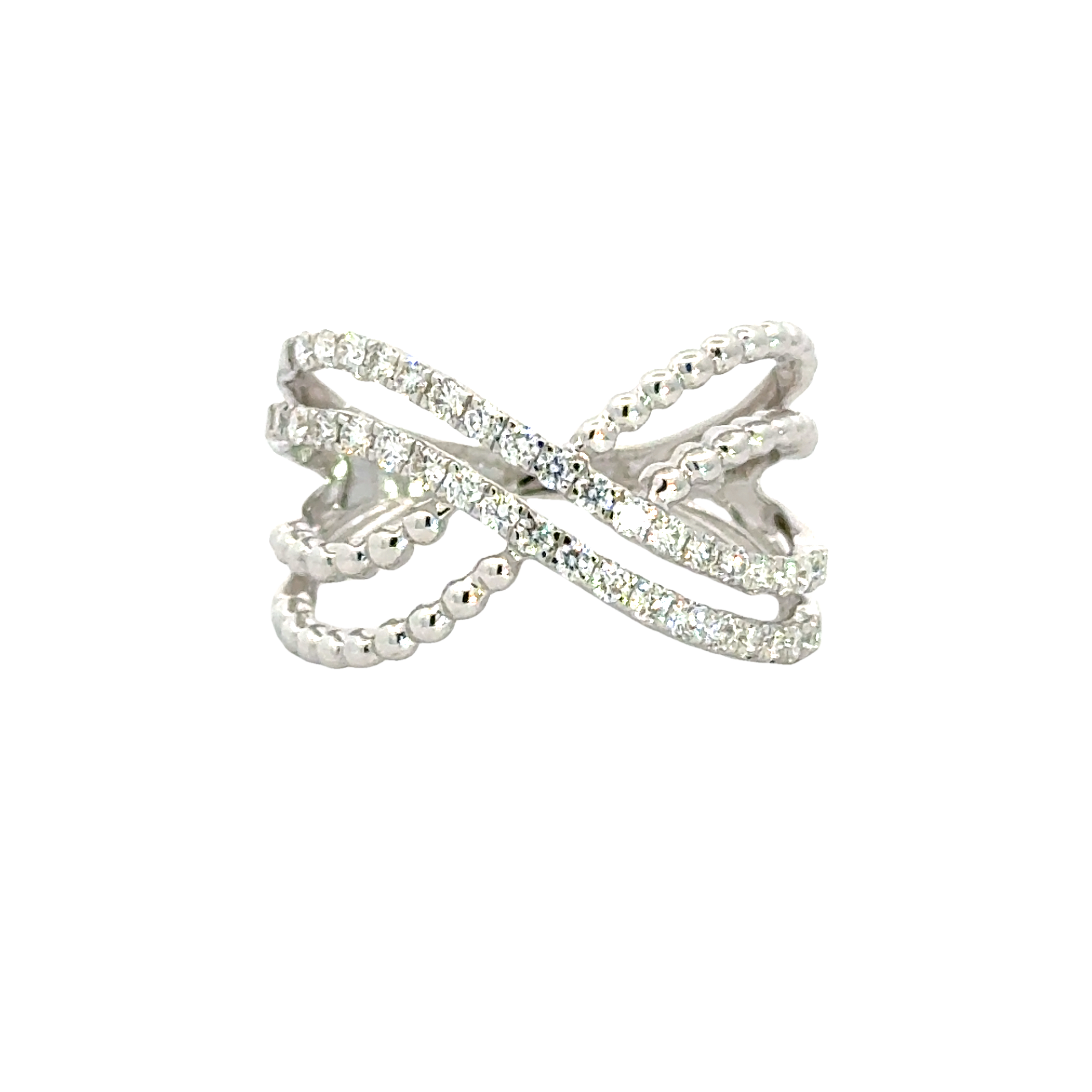 18k White Gold and Diamond Criss-cross Fancy Ring in size 5.5 and total gold weight of 3.25g