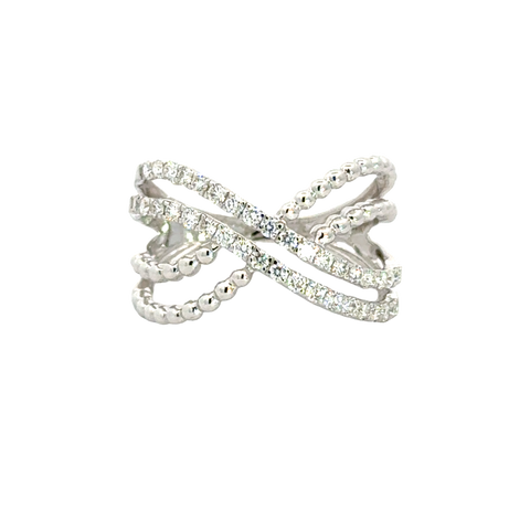 18k White Gold and Diamond Criss-cross Fancy Ring in size 5.5 and total gold weight of 3.25g