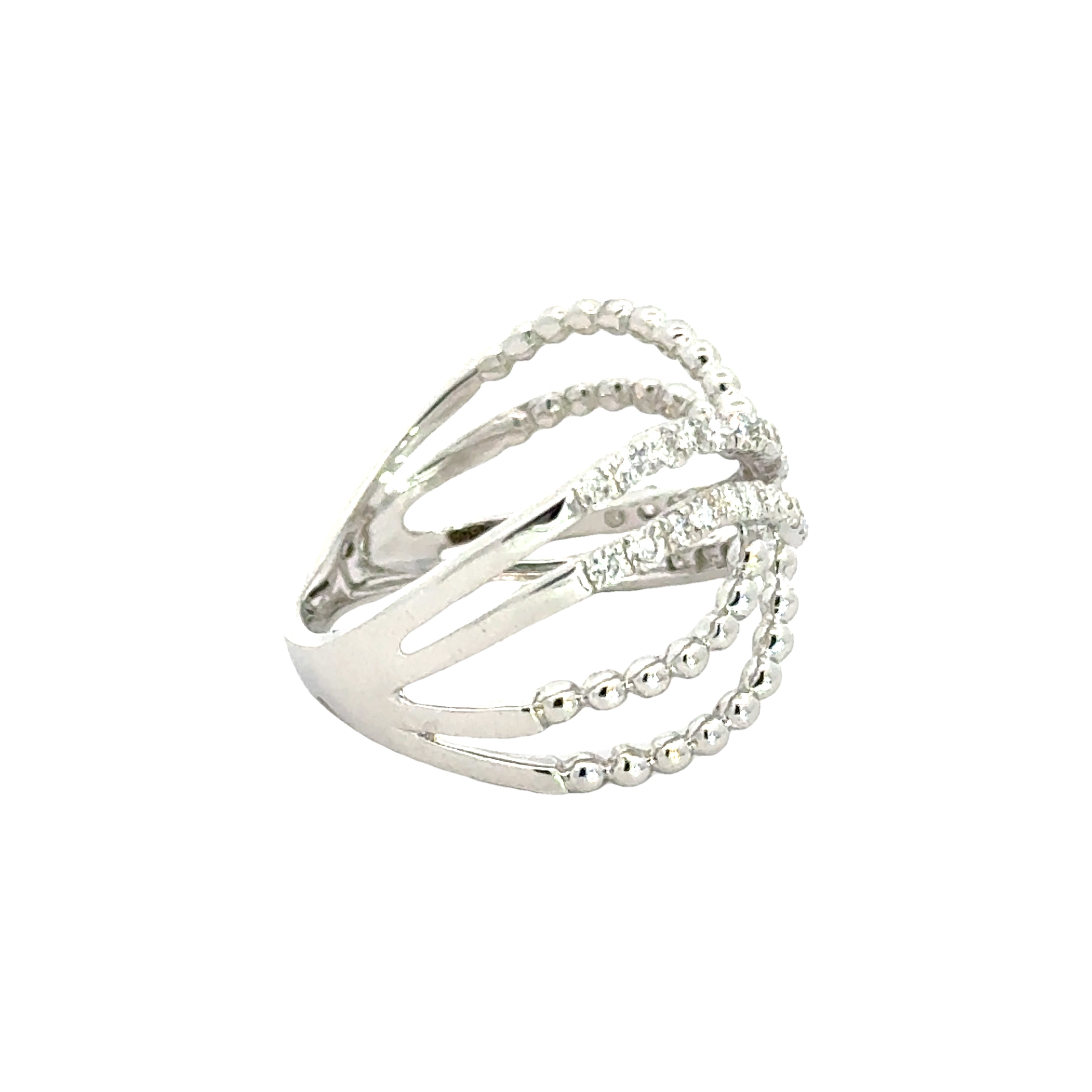 18k White Gold and Diamond Criss-cross Fancy Ring in size 5.5 and total gold weight of 3.25g