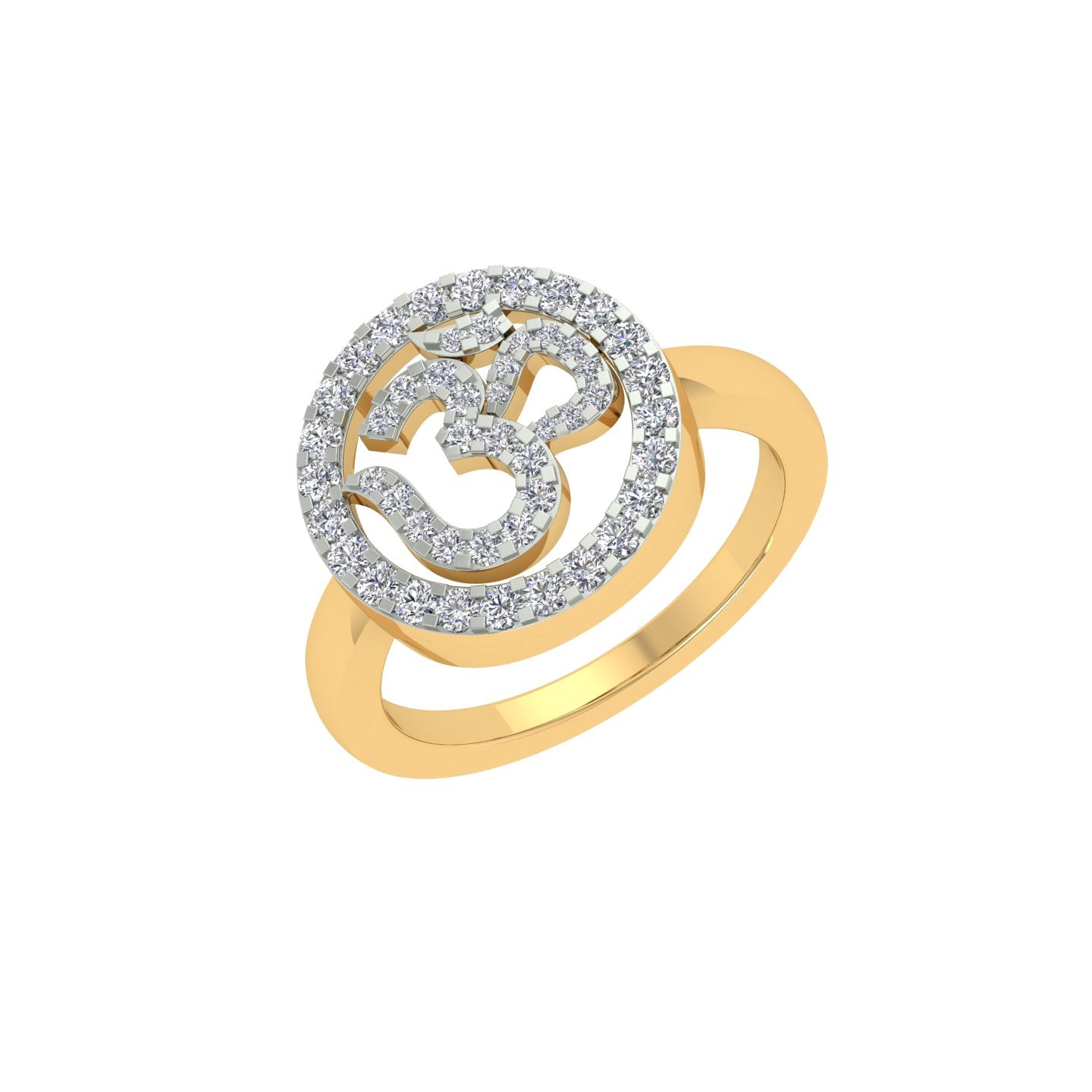 18k Yellow Gold and Round Brilliant Cut Diamond Om Ring in size 5.5 and total gold weight of 3.66g