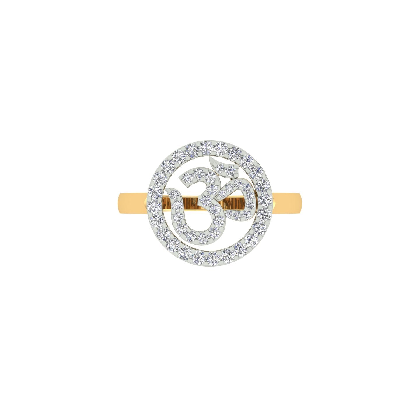 18k Yellow Gold and Round Brilliant Cut Diamond Om Ring in size 5.5 and total gold weight of 3.66g