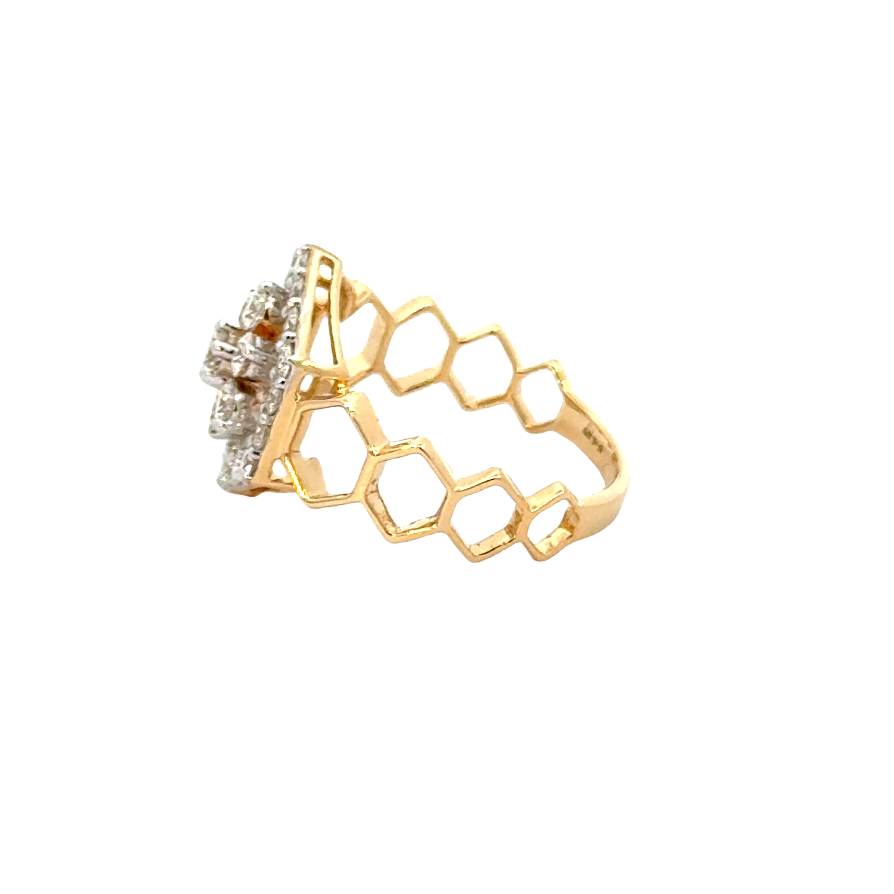 18k Yellow Gold and Diamond Hexagon Band Fancy Ring in size 5.5 and total gold weight of 3.28g