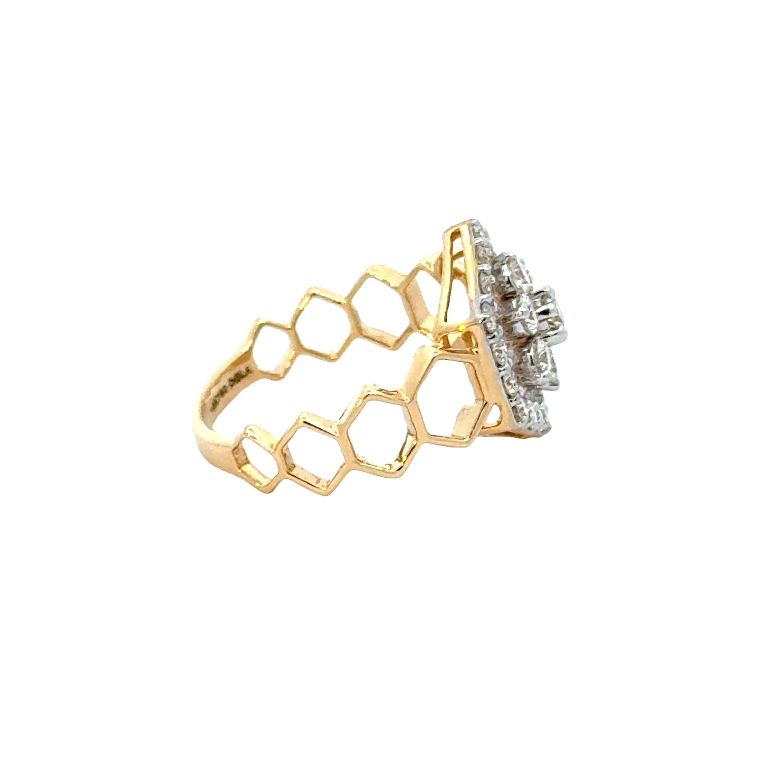 18k Yellow Gold and Diamond Hexagon Band Fancy Ring in size 5.5 and total gold weight of 3.28g