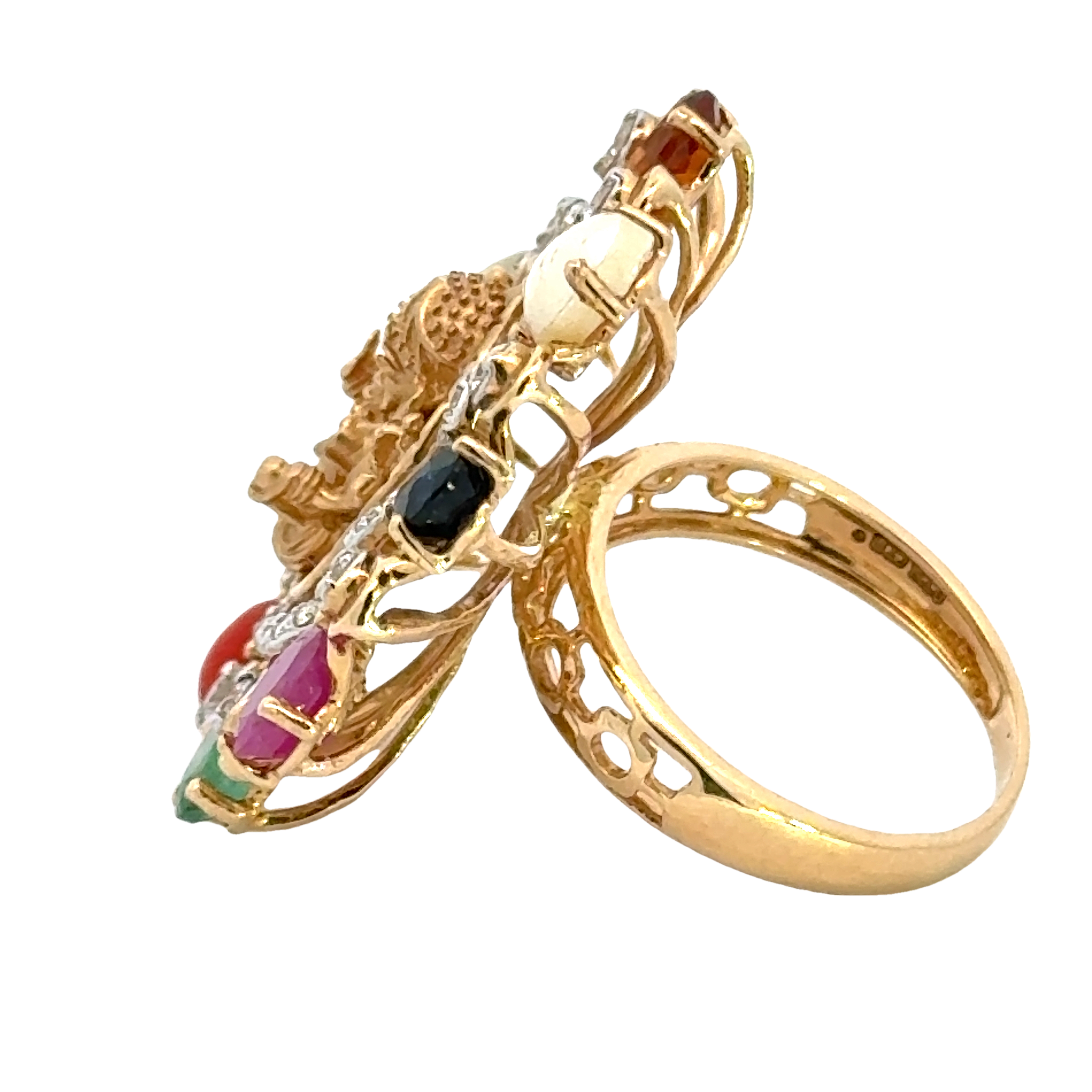 18k Yellow Gold and Diamond Ganesh Navratna Ring in size 5.5 and total gold weight of 9.65g