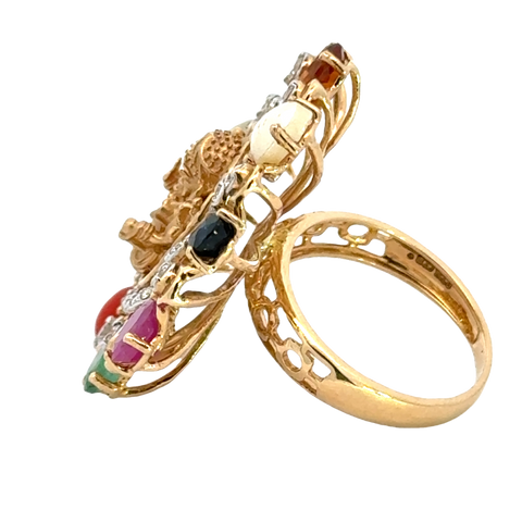 18k Yellow Gold and Diamond Ganesh Navratna Ring in size 5.5 and total gold weight of 9.65g